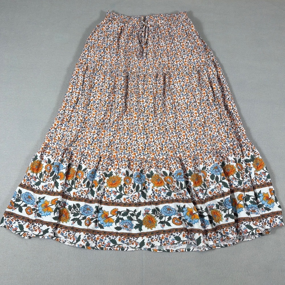 ZESICA Womens‎ Floral Tiered Maxi Skirt Orange Blue Boho Elastic Waist Small